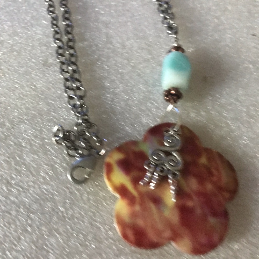 Silver Chain Necklace with Multicolor mop Flower Pendant and Turquoise Accent
